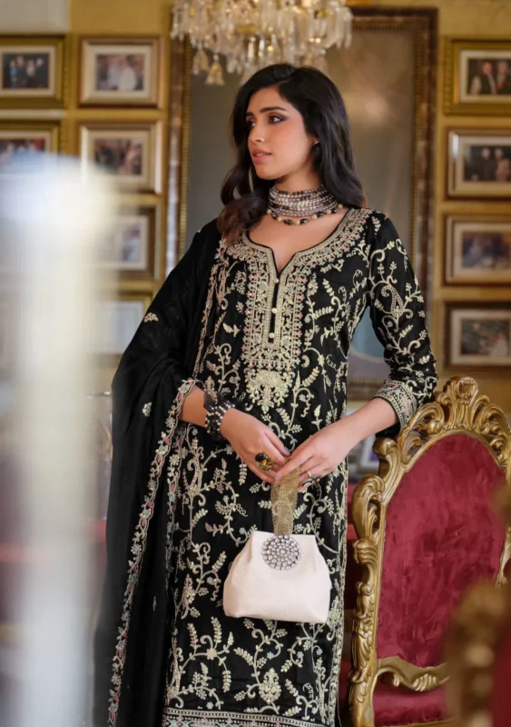 Stylish Eba Sangit Black And White Chinon Embroidery Top Bottom And Dupatta Collection Wholesale 2026