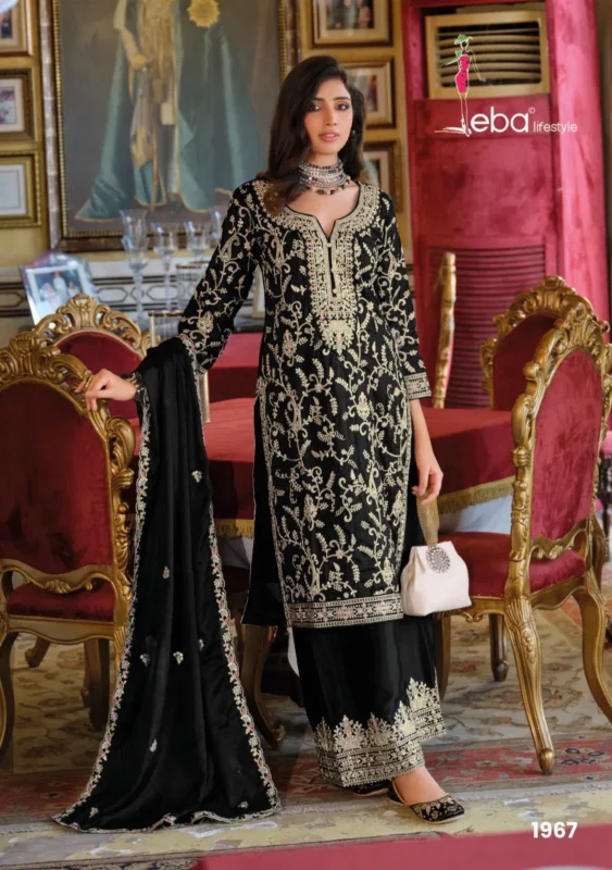 Stylish Eba Sangit Black And White Chinon Embroidery Top Bottom And Dupatta Collection Wholesale 2026