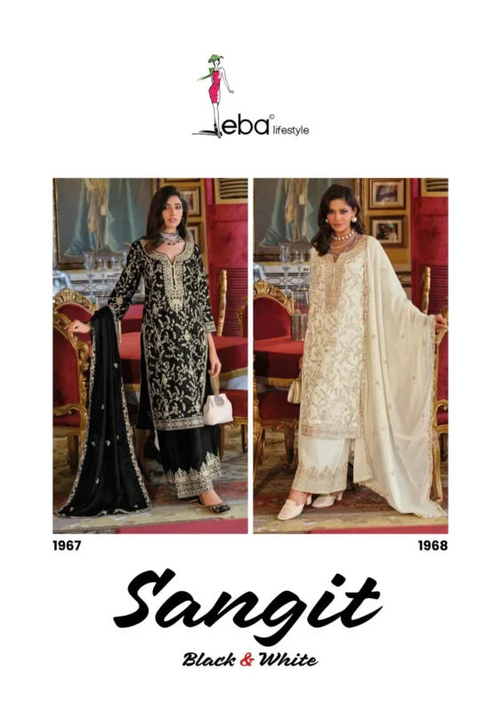 Stylish Eba Sangit Black And White Chinon Embroidery Top Bottom And Dupatta Collection Wholesale 2026