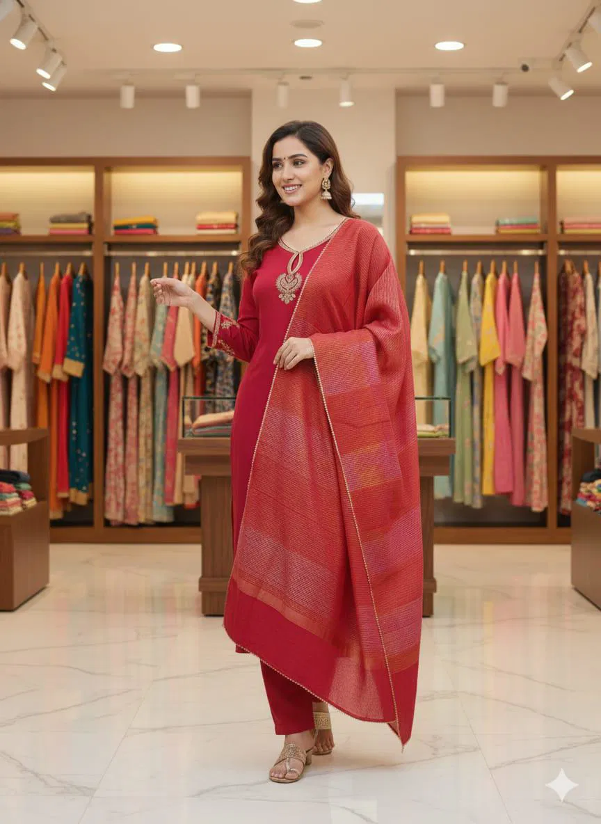 NCO 5 Pure Viscose Chanderi Sequins Coding Embroidery Kurti Bottom With Dupatta Wholesale