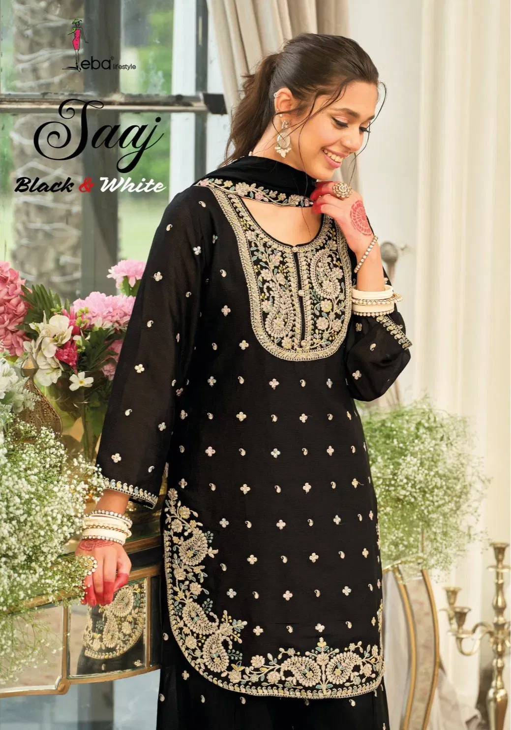 Eba Saaj Black And White Chinon With Embroidery Top Bottom And Dupatta Wholesale