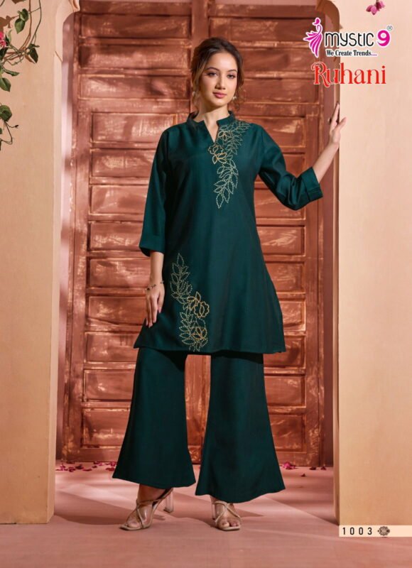 Stylish Mystic 9 Ruhani Vol 1 Premium Dyed Berlin With Collar Top With Bottom Collection Wholesale 2026
