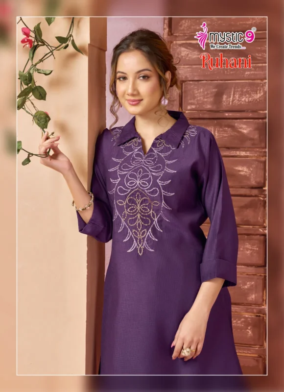 Stylish Mystic 9 Ruhani Vol 1 Premium Dyed Berlin With Collar Top With Bottom Collection Wholesale 2026