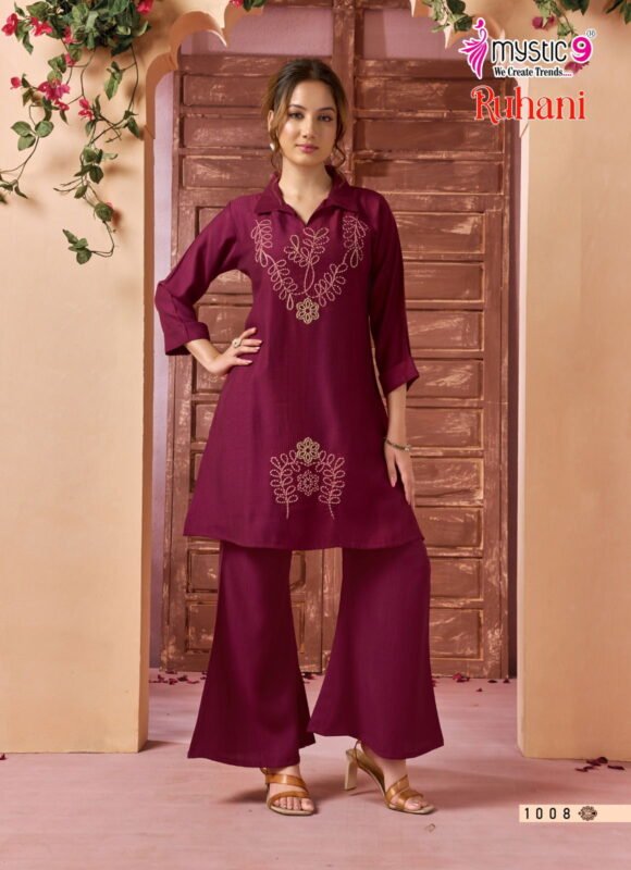 Stylish Mystic 9 Ruhani Vol 1 Premium Dyed Berlin With Collar Top With Bottom Collection Wholesale 2026