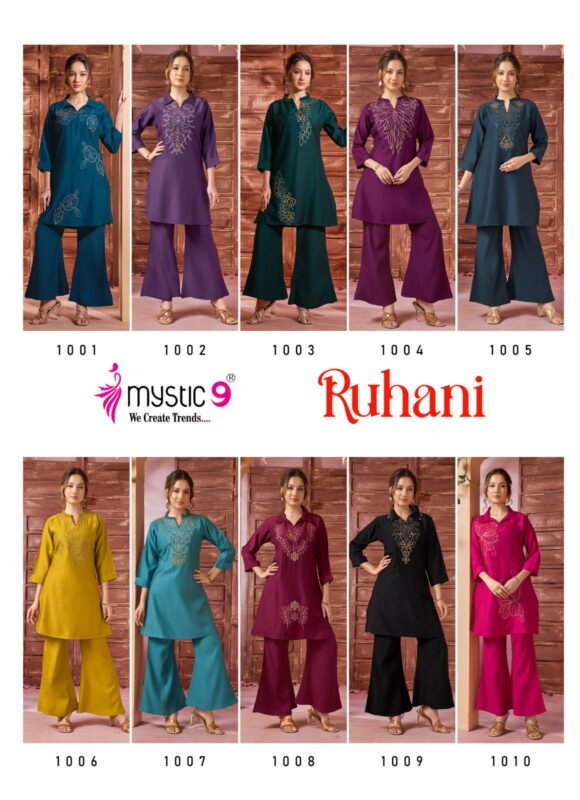 Stylish Mystic 9 Ruhani Vol 1 Premium Dyed Berlin With Collar Top With Bottom Collection Wholesale 2026
