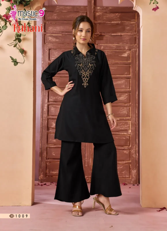 Stylish Mystic 9 Ruhani Vol 1 Premium Dyed Berlin With Collar Top With Bottom Collection Wholesale 2026