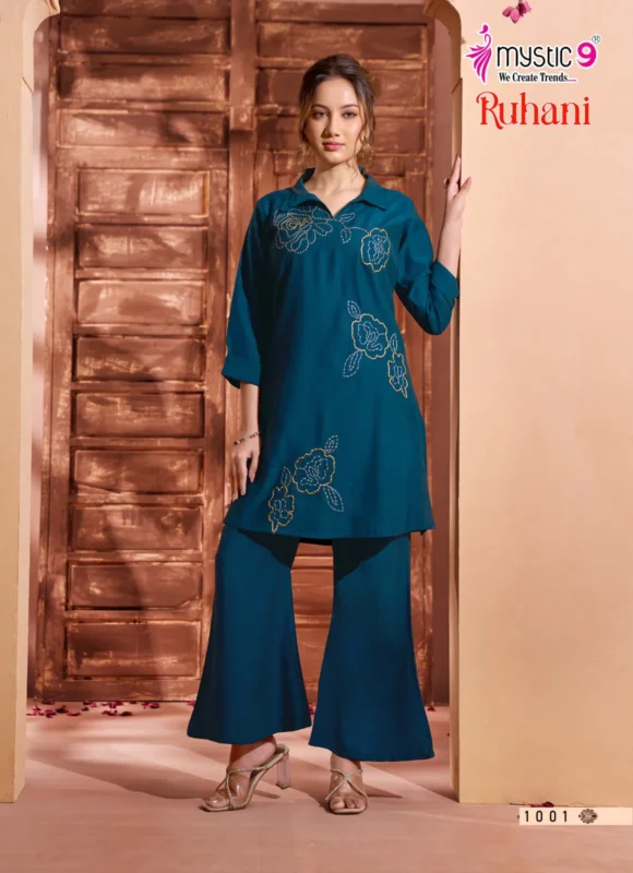 Stylish Mystic 9 Ruhani Vol 1 Premium Dyed Berlin With Collar Top With Bottom Collection Wholesale 2026