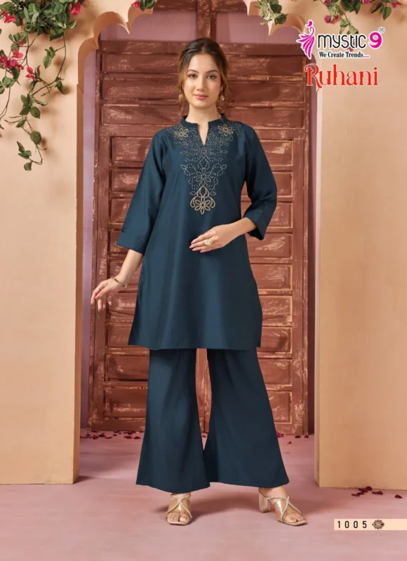Stylish Mystic 9 Ruhani Vol 1 Premium Dyed Berlin With Collar Top With Bottom Collection Wholesale 2026
