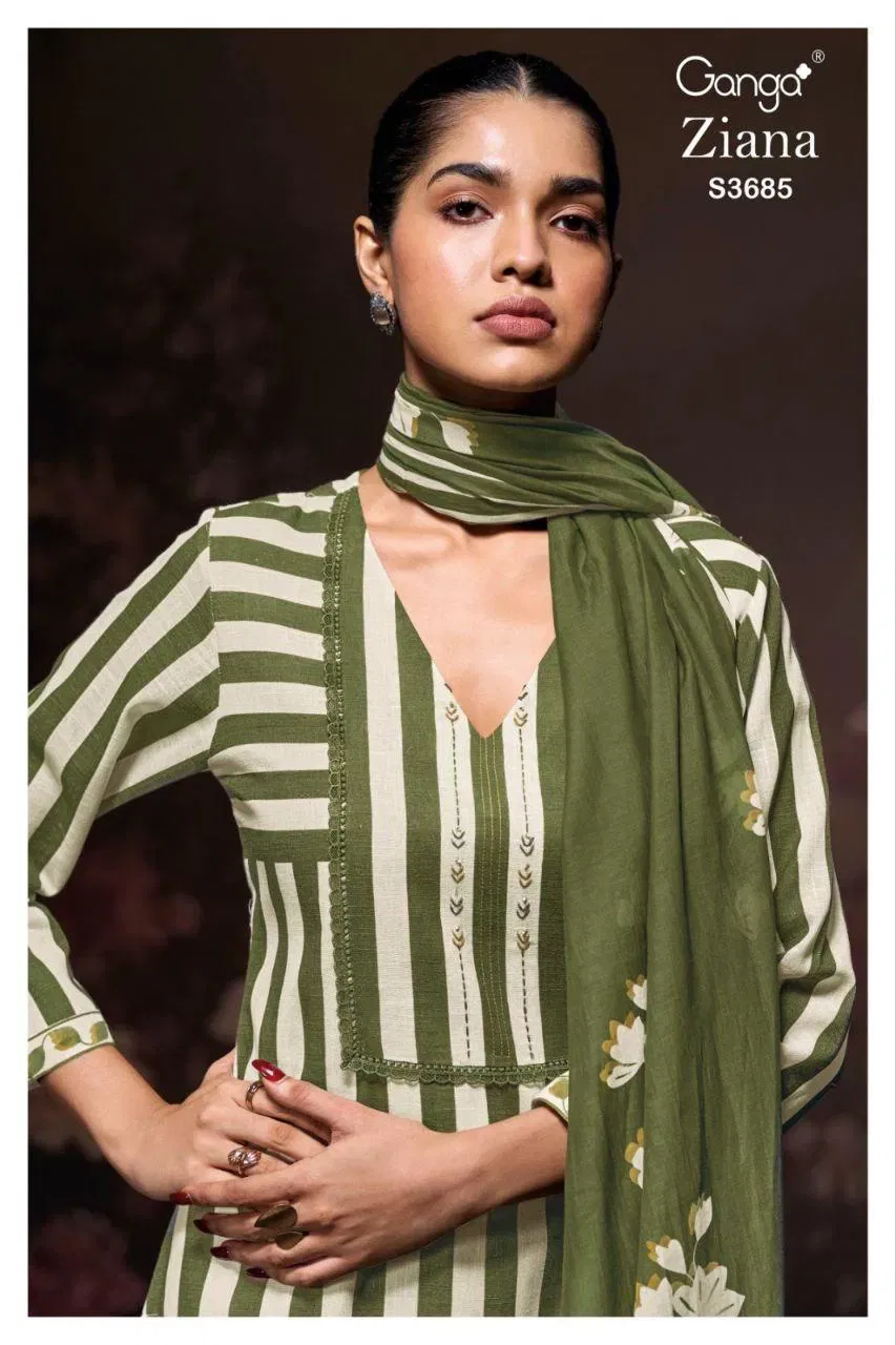 Ganga Ziana 3685 Cotton Linen Printed With Handwork Dress Material Wholesale