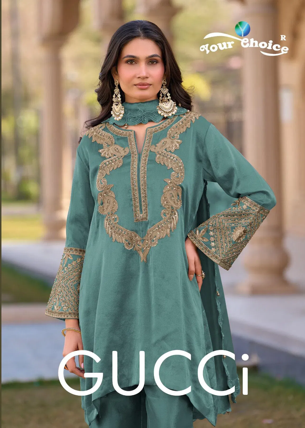 Your Choice Gucci Hiranya Silk With Work Designer Salwar Kameez Wholesale