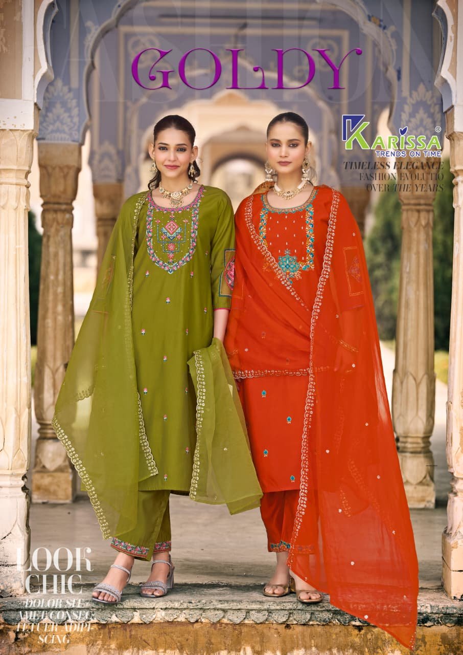 Karissa Goldy Viscose Gadhwal Threadwork Kurti Pant And Dupatta Collection Wholesale