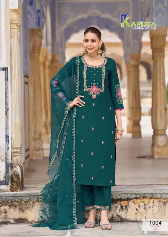 Buy Karissa Goldy Viscose Gadhwal Threadwork Kurti Pant And Dupatta Collection Wholesale 2026
