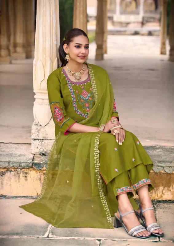 Buy Karissa Goldy Viscose Gadhwal Threadwork Kurti Pant And Dupatta Collection Wholesale 2026