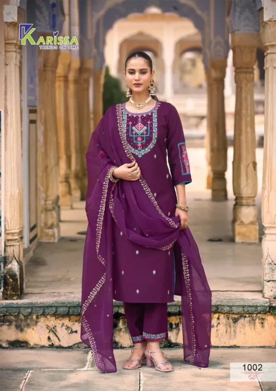 Buy Karissa Goldy Viscose Gadhwal Threadwork Kurti Pant And Dupatta Collection Wholesale 2026