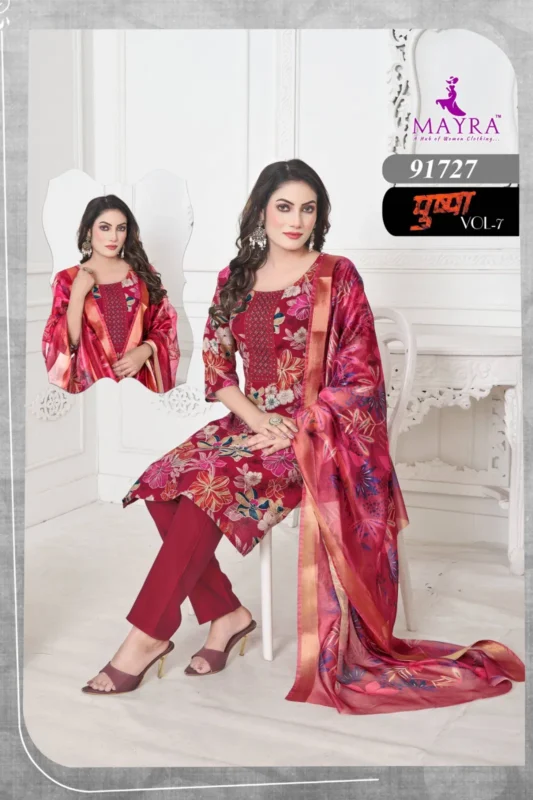 Stylish Mayra Pushpa 7 Vertican Print With Sequence Embroidery Top With Bottom And Dupatta Collection Wholesale 2026 9 Stylish Mayra Pushpa 7 Vertican Print With Sequence Embroidery Top With Bottom And Dupatta Collection Wholesale 2026