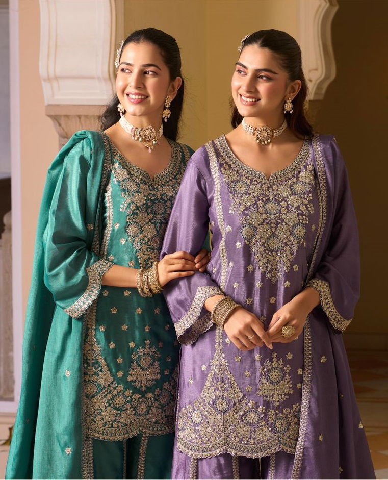 Sanika Pehar Chinon Silk Embroidery Top Plazzo With Dupatta Wholesale