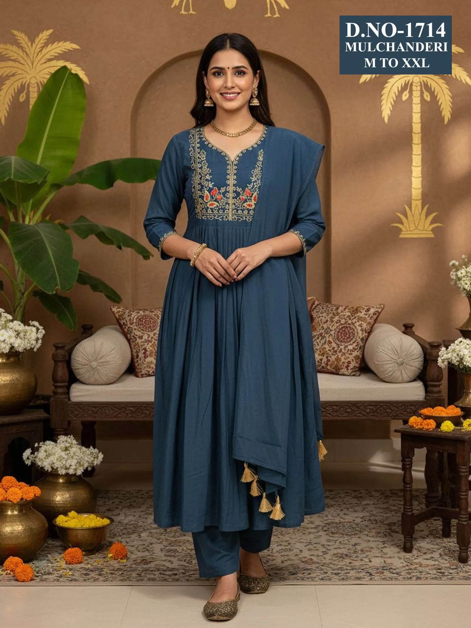 Dnp Aarti 1714 Chanderi Mul Handwork Anarkali Top With Bottom And Dupatta Collection Wholesale