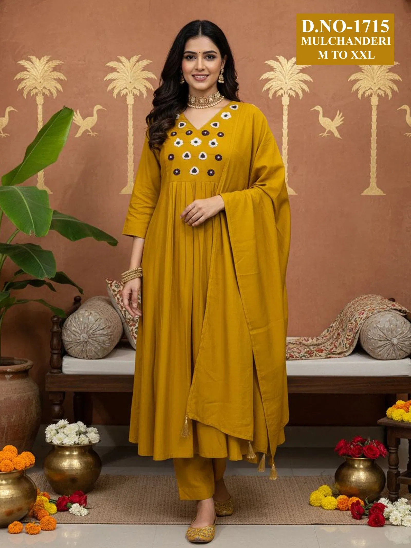 Dnp Aarti 1715 Chanderi Mul Handwork Anarkali Top With Bottom And Dupatta Collection Wholesale