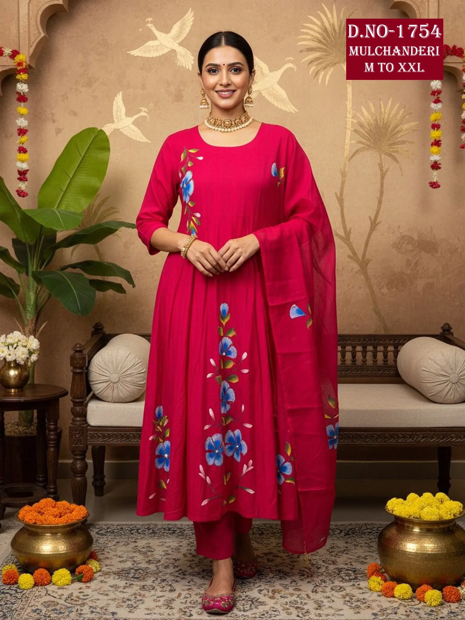 Dnp Aarti 1754 Chanderi Mul Handwork Anarkali Top With Bottom And Dupatta Collection Wholesale