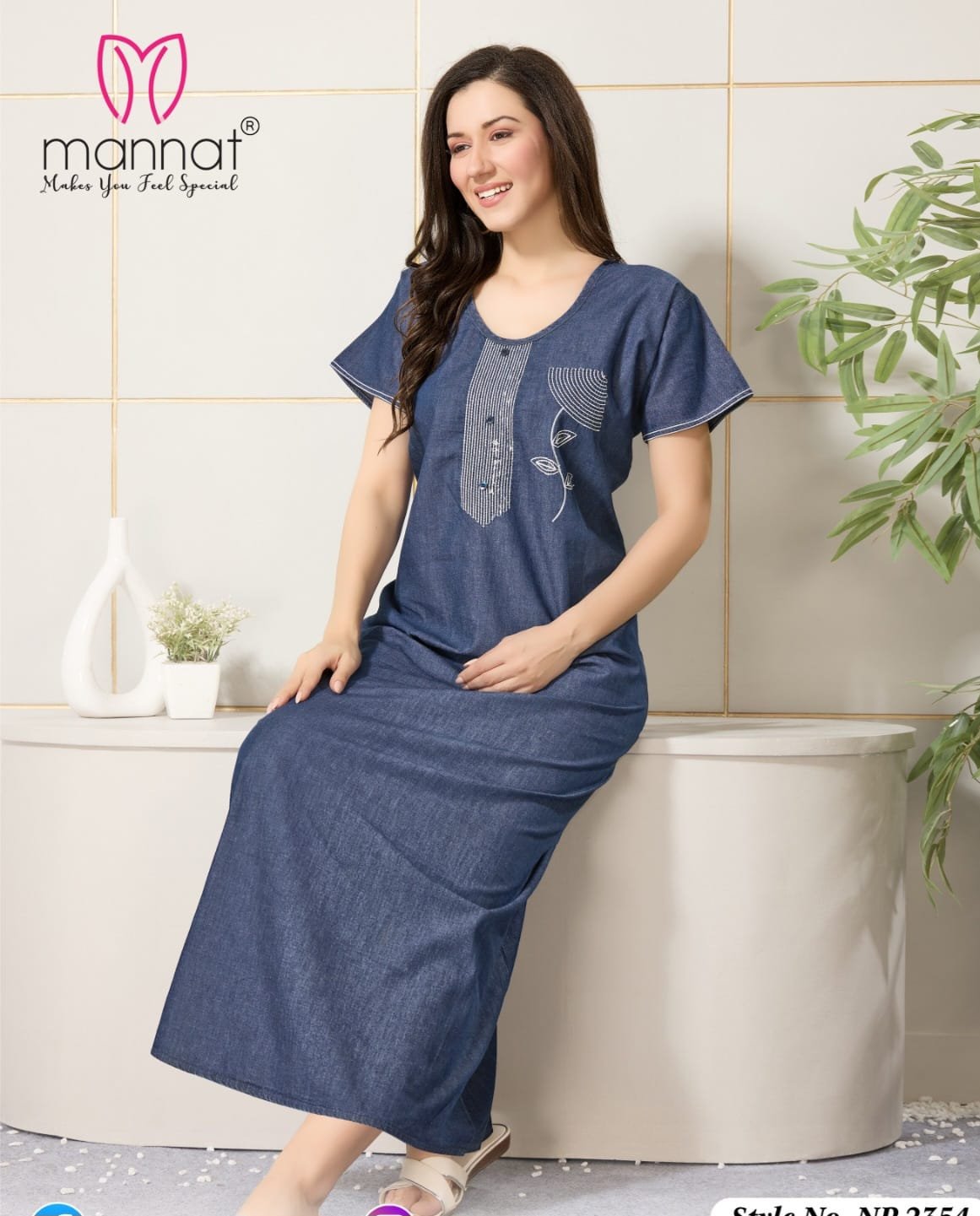 Dnp Mannat Np 2354 Original Denim Gown With Embroidery Side Pocket Nighty Wholesale