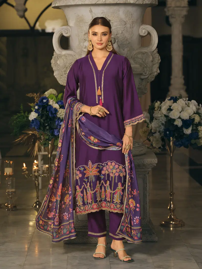 Indo Era 2614 Silk Blend Motifs Dyed Thread Work Kurta With Bottom Dupatta Wholesale