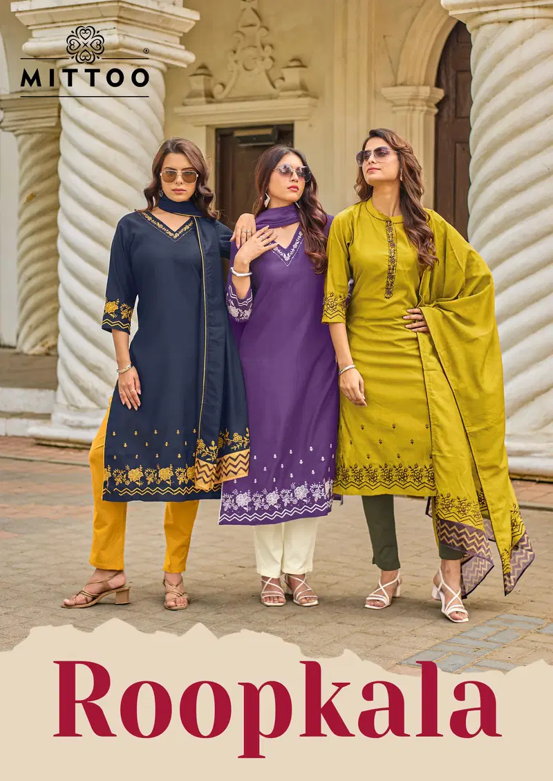 Mittoo Roopkala Viscose Thread Work Kurti Pant And Dupatta Collection Wholesale