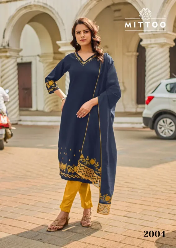 Stylish Mittoo Roopkala Viscose Thread Work Kurti Pant And Dupatta Collection Wholesale 2026