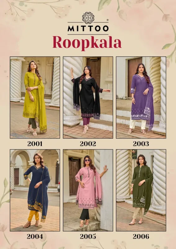 Stylish Mittoo Roopkala Viscose Thread Work Kurti Pant And Dupatta Collection Wholesale 2026