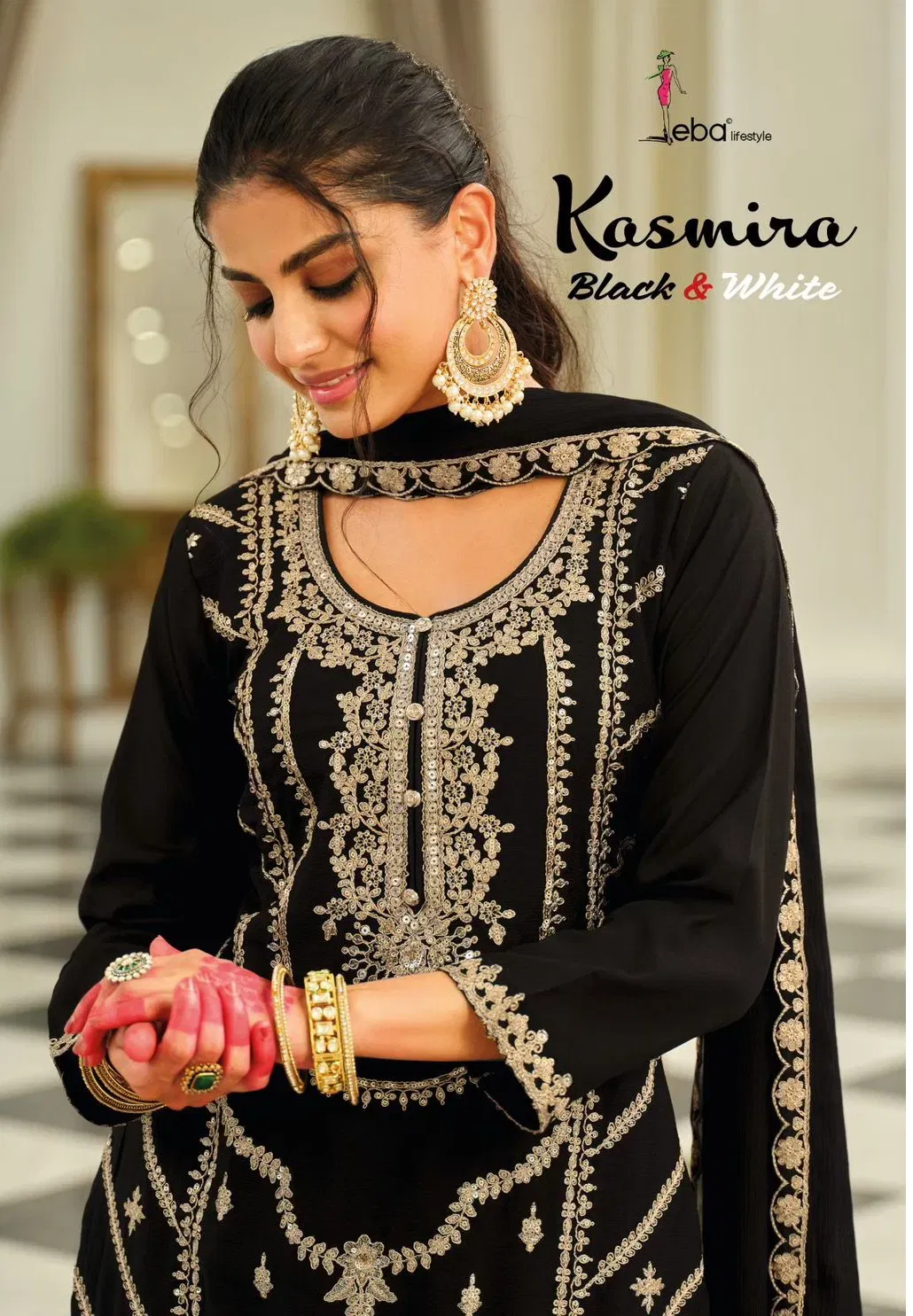 Eba Kasmira Black And White Chinon With Embroidery Worked Designer Salwar Kameez Wholesale