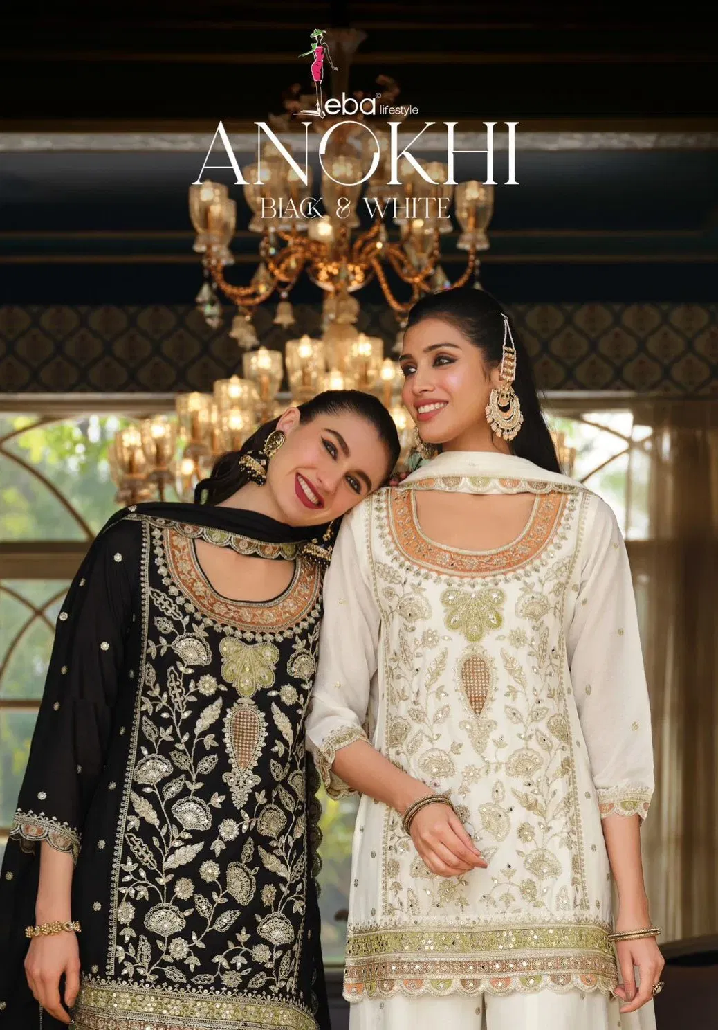 Eba Anokhi Black And White Chinon With Embroidery Worked Top Bottom And Dupatta Wholesale