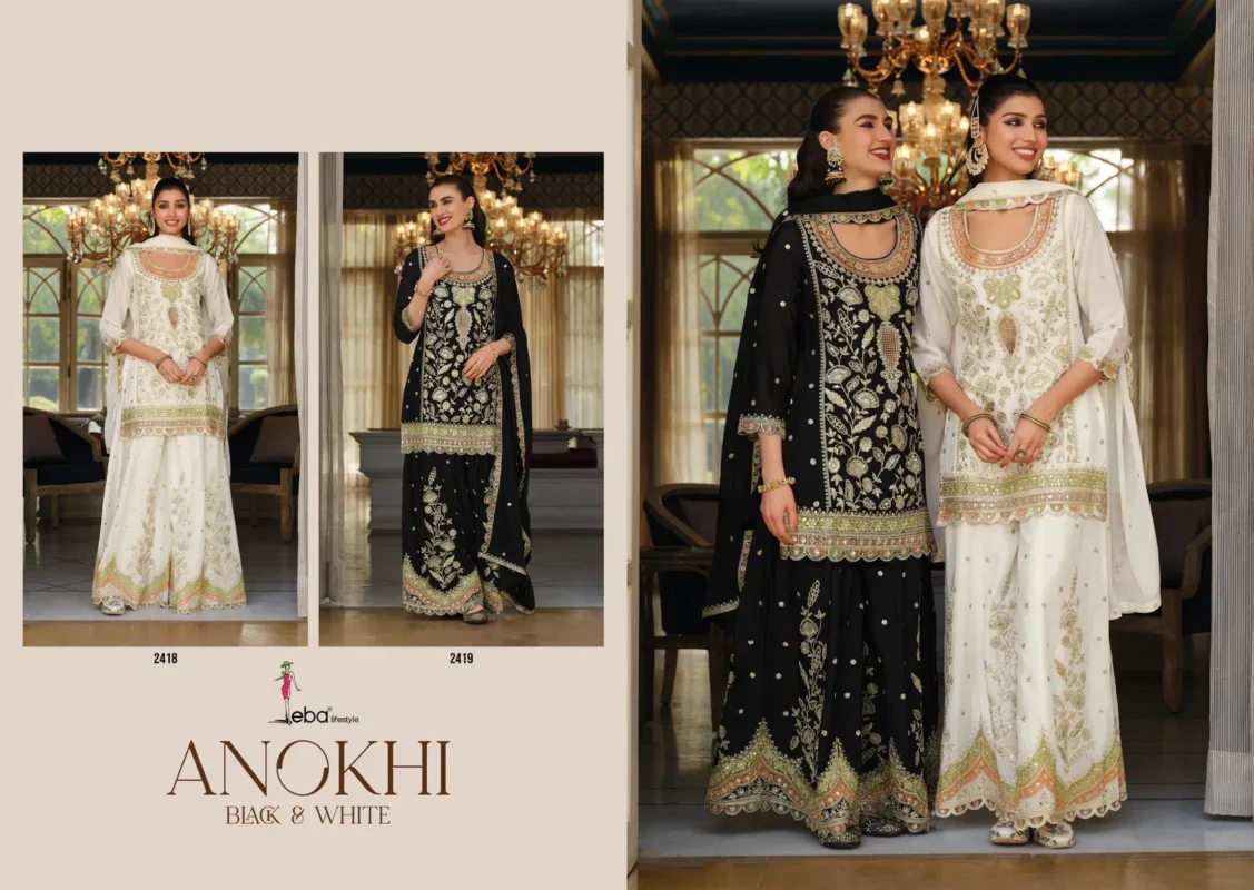 Beautiful Eba Anokhi Black And White Chinon With Embroidery Worked Top Bottom And Dupatta Wholesale 2026 4 Beautiful Eba Anokhi Black And White Chinon With Embroidery Worked Top Bottom And Dupatta Wholesale 2026
