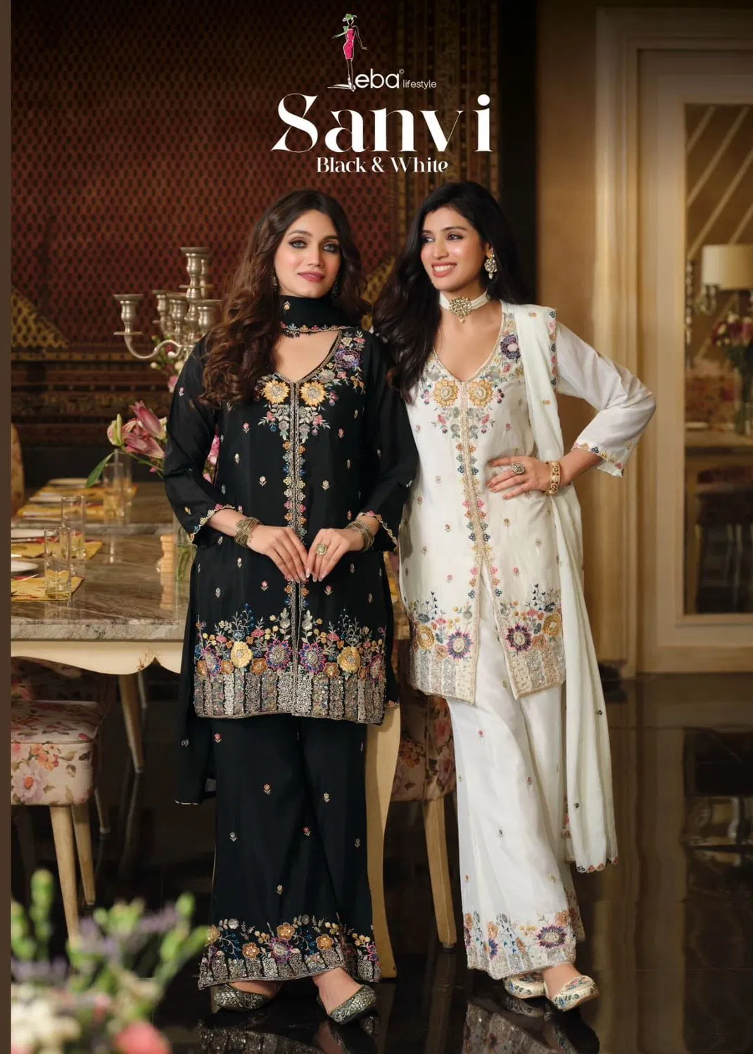 Eba Sanvi Black And White Chinon With Beats Work Top Plazzo And Dupatta Wholesale