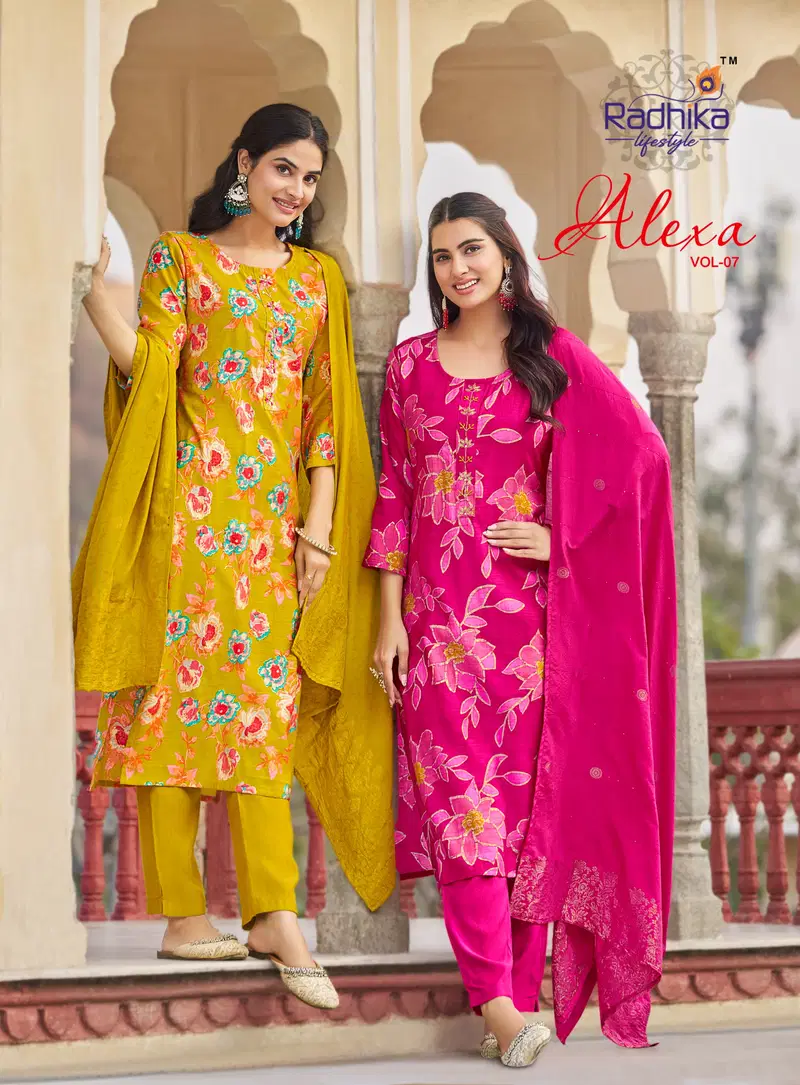 Radhika Alexa Vol 7 Vertican Silk Foil Printed Kurti Pant And Dupatta Wholesale