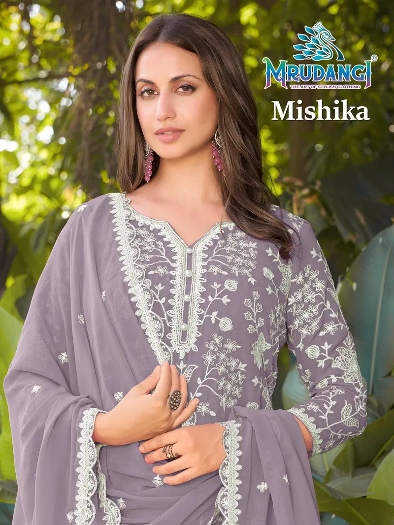 Mrudangi Mishika Georgette Beads Embroidered Kurti With Sharara And Dupatta Wholesale