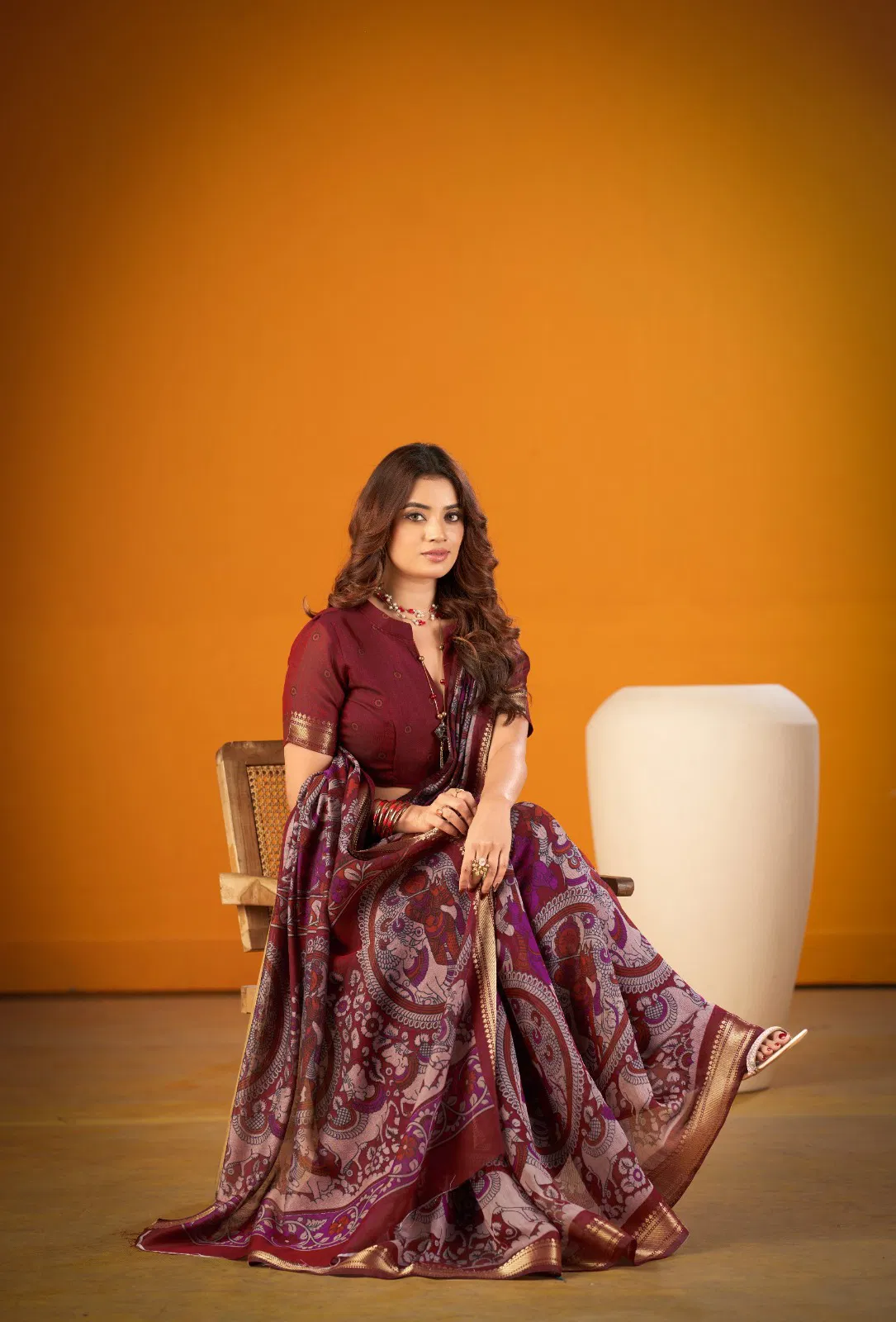 Lekha Yf Viranshi 01 Polyster Viscose Chanderi Kalamkari Print Zari Weaving Saree Wholesale