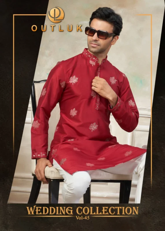 Latest Outluk Wedding 45 Silk Embroidery Worked Kurta And Pajama Collection Wholesale 2026