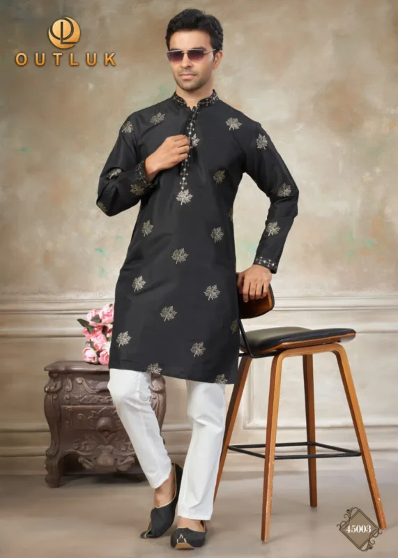 Latest Outluk Wedding 45 Silk Embroidery Worked Kurta And Pajama Collection Wholesale 2026