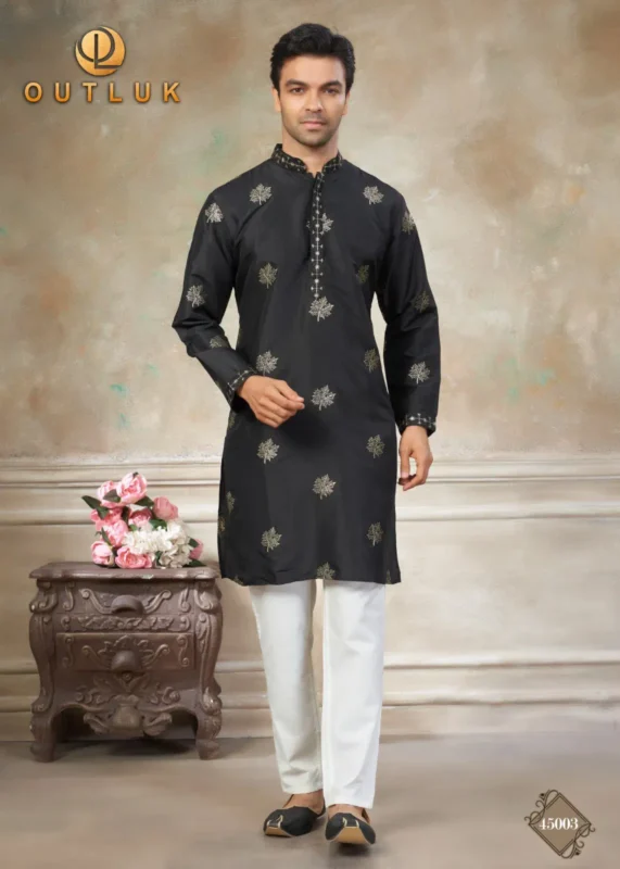 Latest Outluk Wedding 45 Silk Embroidery Worked Kurta And Pajama Collection Wholesale 2026