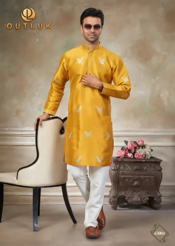 Latest Outluk Wedding 45 Silk Embroidery Worked Kurta And Pajama Collection Wholesale 2026