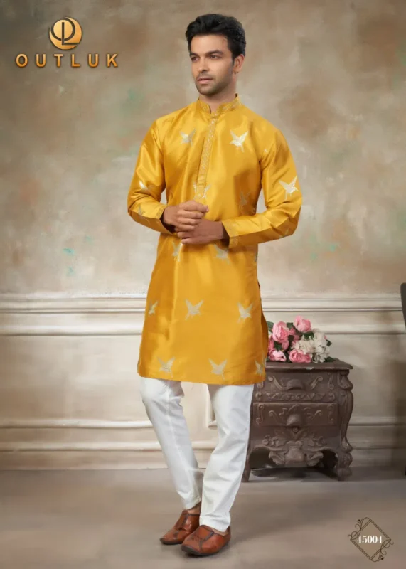 Latest Outluk Wedding 45 Silk Embroidery Worked Kurta And Pajama Collection Wholesale 2026