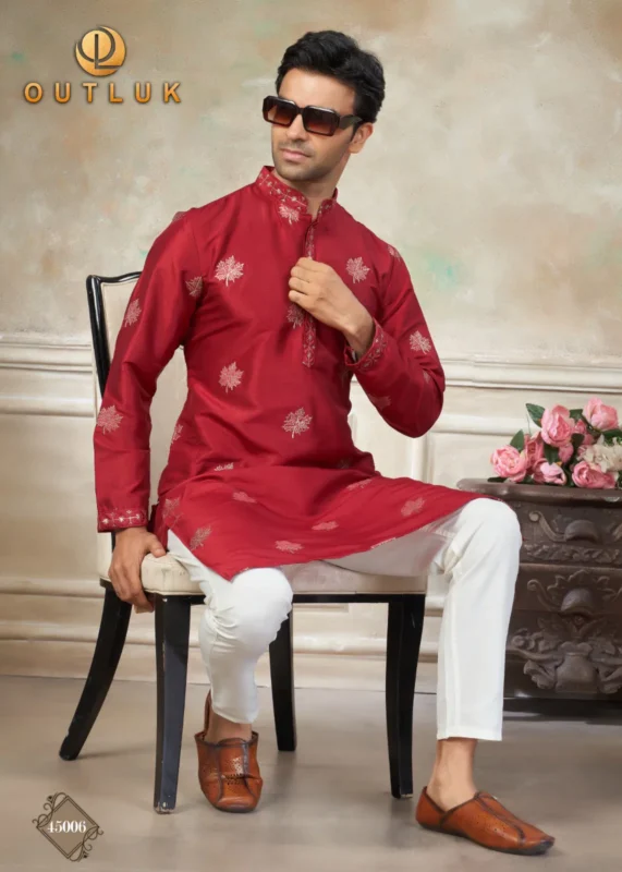 Latest Outluk Wedding 45 Silk Embroidery Worked Kurta And Pajama Collection Wholesale 2026