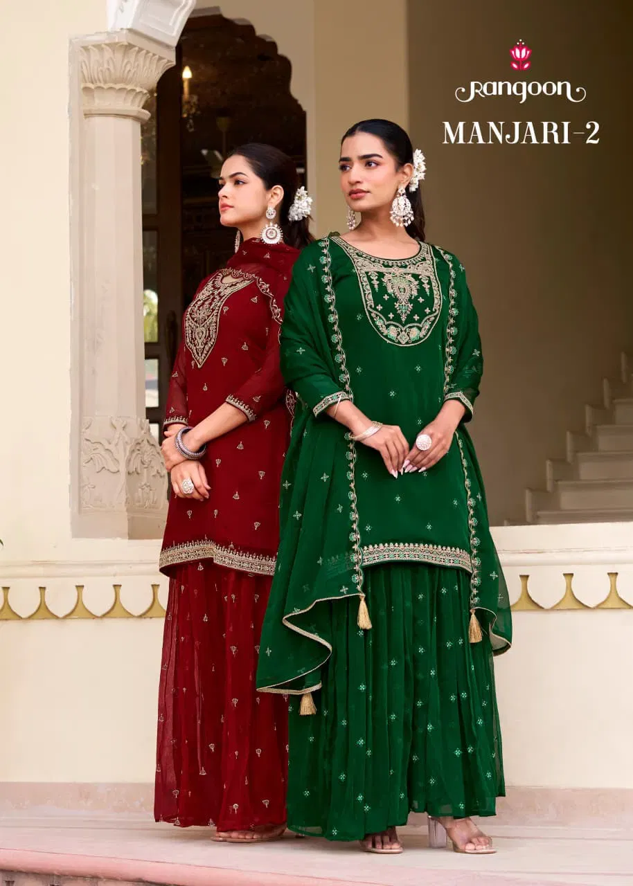 Rangoon Manjari Vol 02 Chiffon With Fancy Code Worked Kurti Plazzo And Dupatta Wholesale