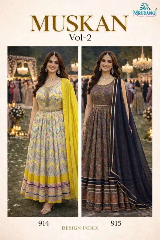 Stylish Mrudangi Muskan Vol 2 Soft Dola Silk Printed With Handworked Gown With Dupatta Collection Wholesale 2026 8 Stylish Mrudangi Muskan Vol 2 Soft Dola Silk Printed With Handworked Gown With Dupatta Collection Wholesale 2026