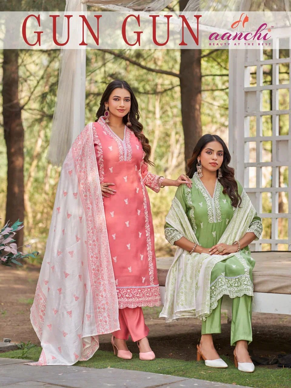 Aanchi Gun Gun Mal Chanderi Embroidered Kurti With Bottom Dupatta Wholesale