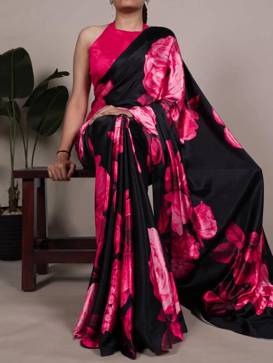 WMN 7027 Satin Silk Floral Printed Saree Below 700