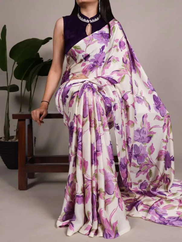 Buy WMN 7008 Satin Silk Floral Printed Saree 04 Pcs Set Wholesale 2026