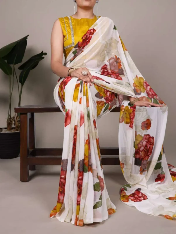 Buy WMN 7009 Chiffon Floral Printed Saree 04 Pcs Set Wholesale 2026