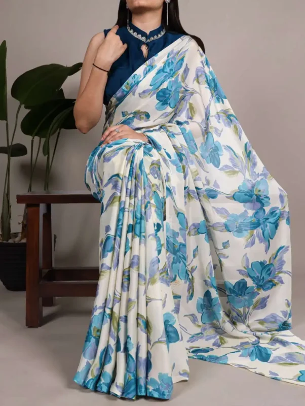 Buy WMN 7008 Satin Silk Floral Printed Saree 04 Pcs Set Wholesale 2026