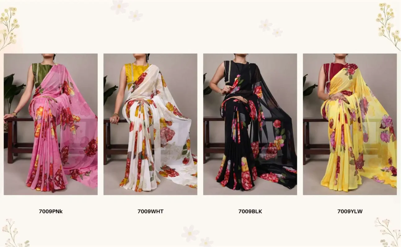 Buy WMN 7009 Chiffon Floral Printed Saree 04 Pcs Set Wholesale 2026