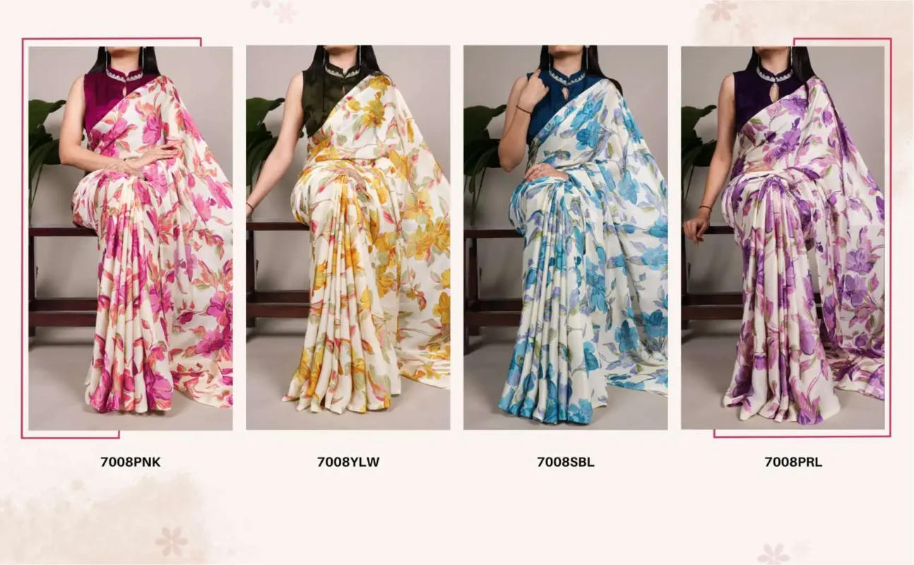 Buy WMN 7008 Satin Silk Floral Printed Saree 04 Pcs Set Wholesale 2026